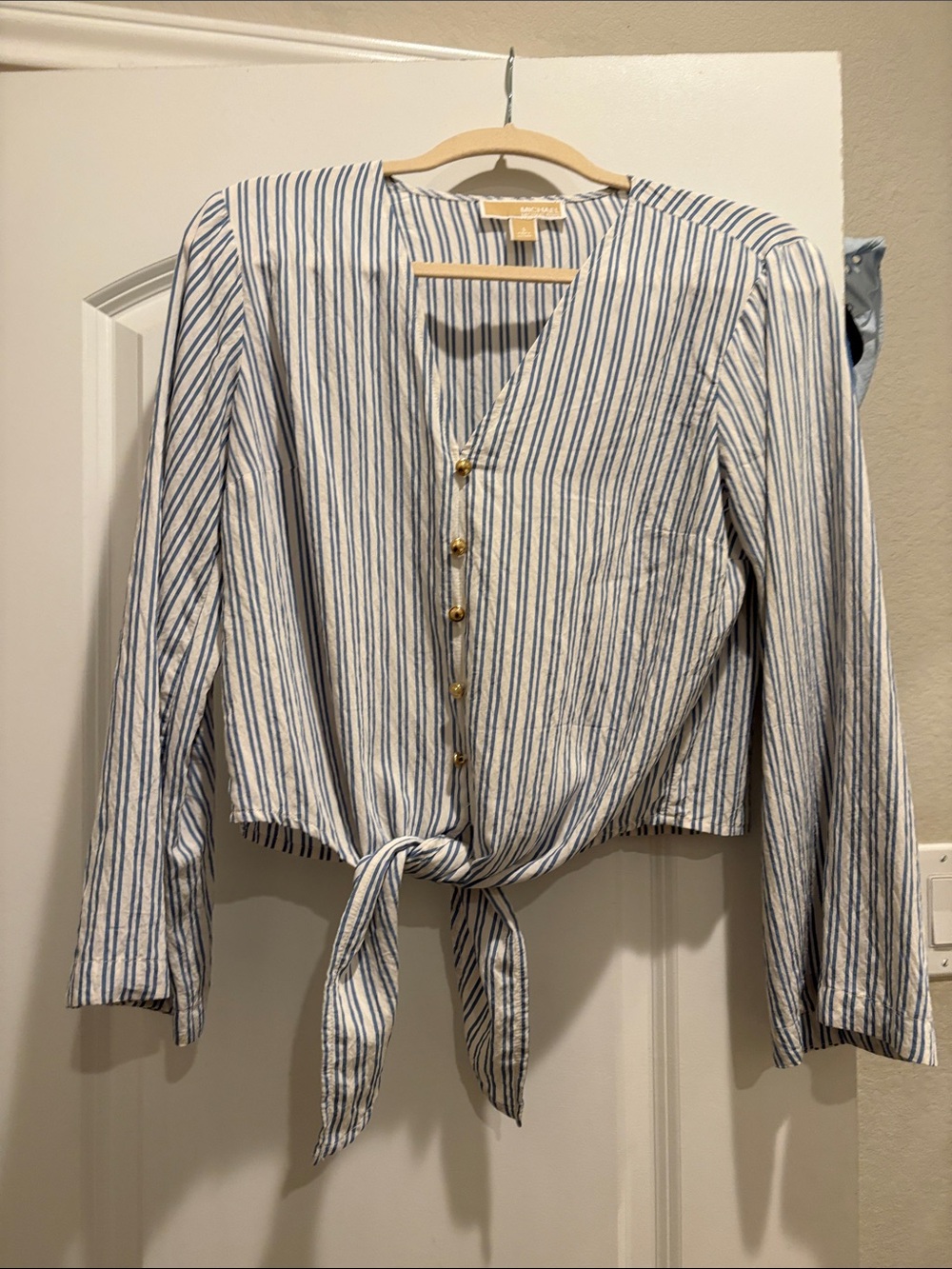 FREE in bundleMichael Kors White and Blue Vertical-Stripe Tie-Front Blouse small